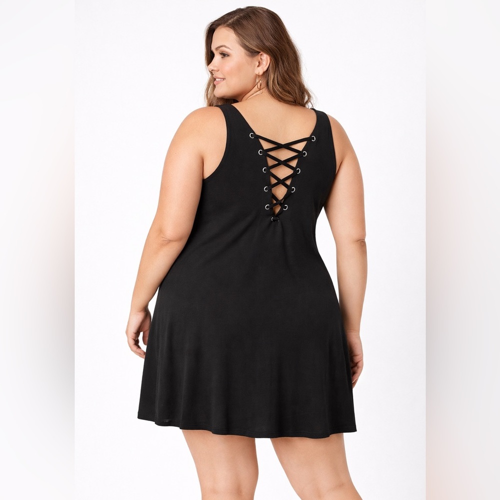 376 Cable & Gauge Black Mini Dress Lace Up Back Sleeveless Flowy Plus Size 2X